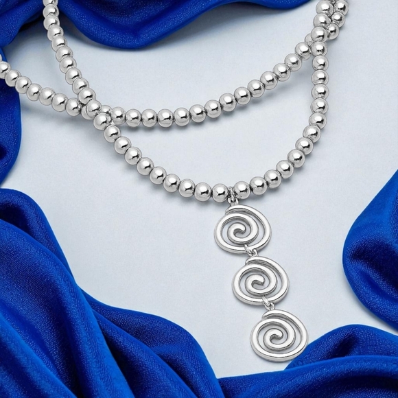 🆕️Boho Glam Spiral Pendant Layered Beaded Necklace Set Trendy White Gold Plated - Picture 6 of 13